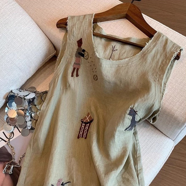 Haut en lin sans manches pour femmes avec broderie de dessin animé