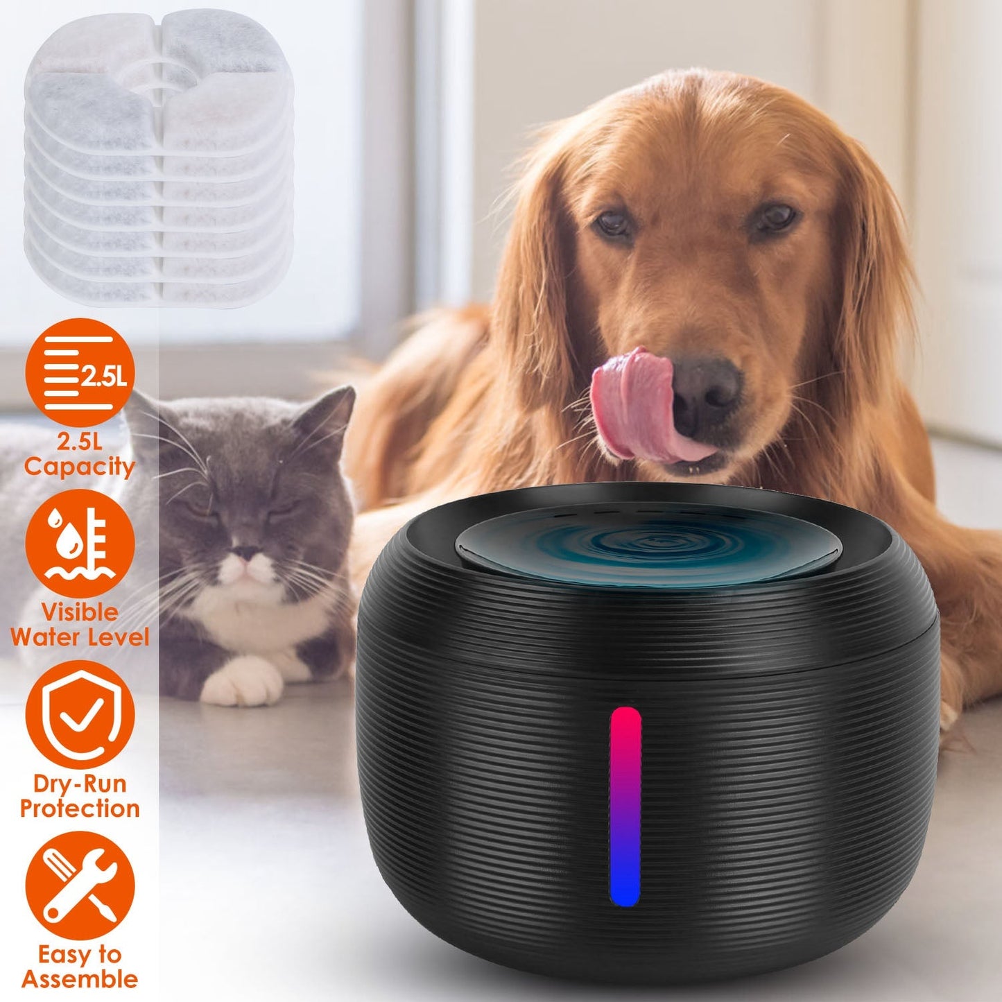 Fontaine à eau intelligente pour animaux de compagnie Gbruno 2,5 L avec lumière LED
