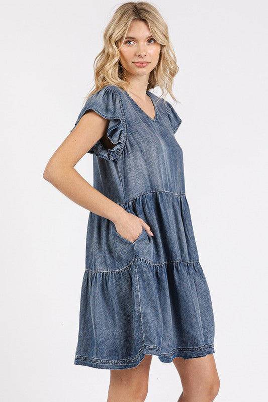 Vestido Mini de Manga Corta con Volantes y Escote en V para Mujeres