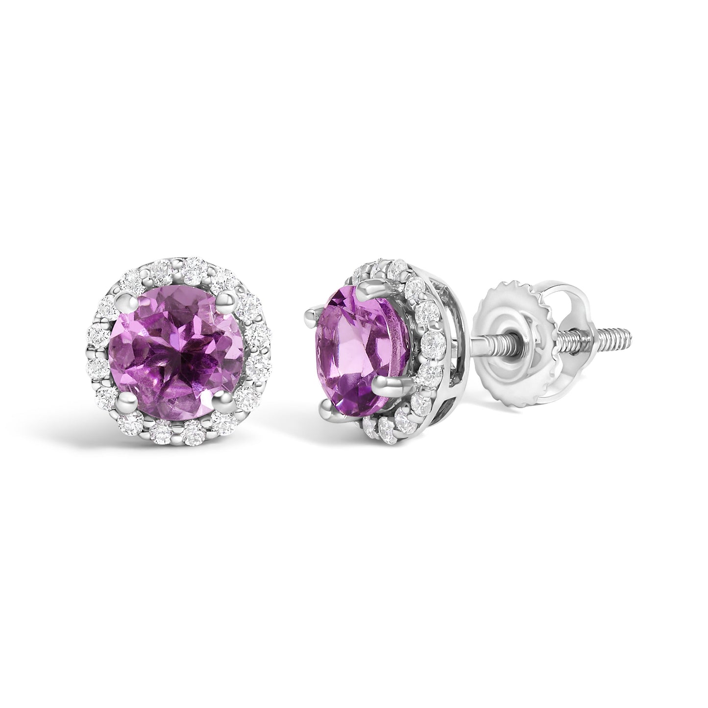 Boucles d'oreilles en or blanc 10K avec améthyste violette et halo de diamants