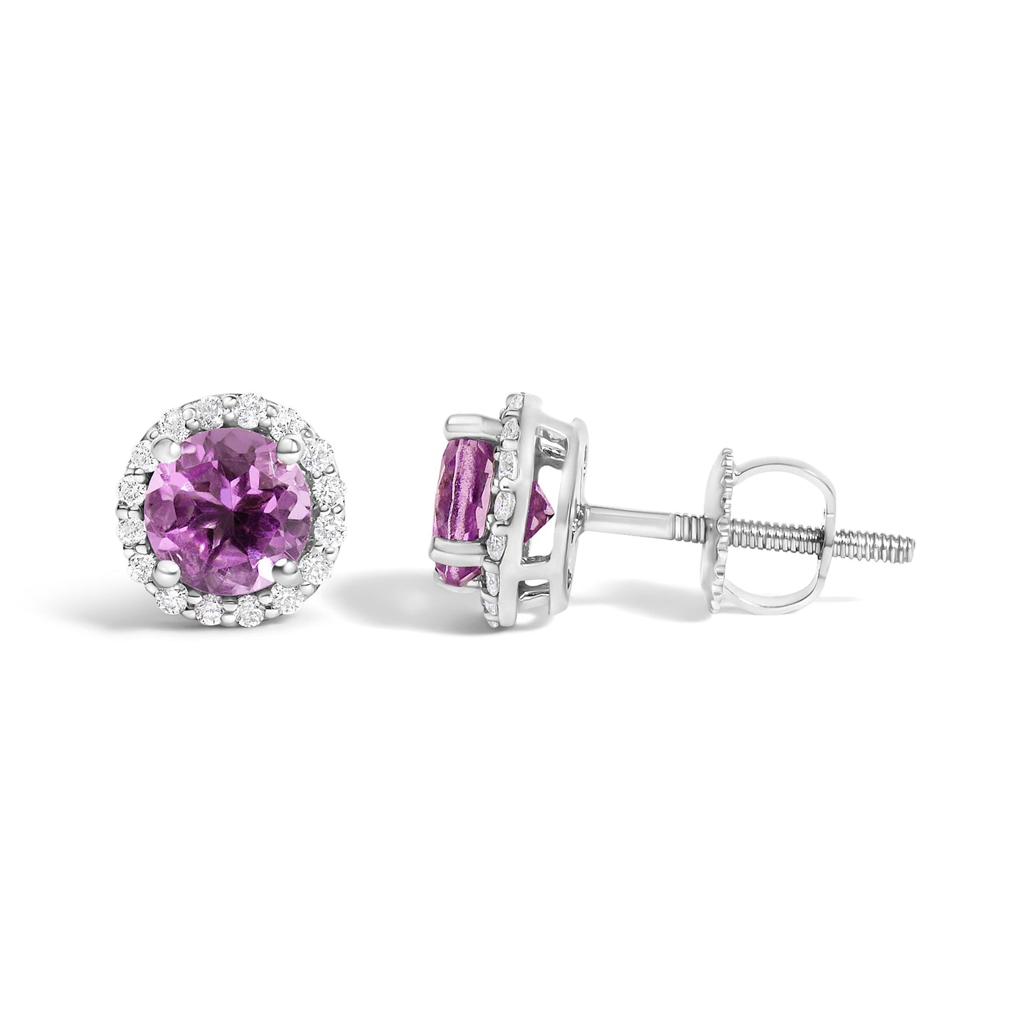 Boucles d'oreilles en or blanc 10K avec améthyste violette et halo de diamants
