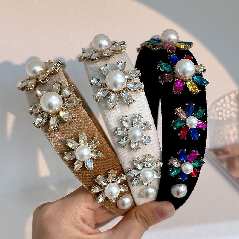 Retro Baroque Large Pearl Flower Set with Colorful Diamonds Fashion Hair Hoop - Korvel