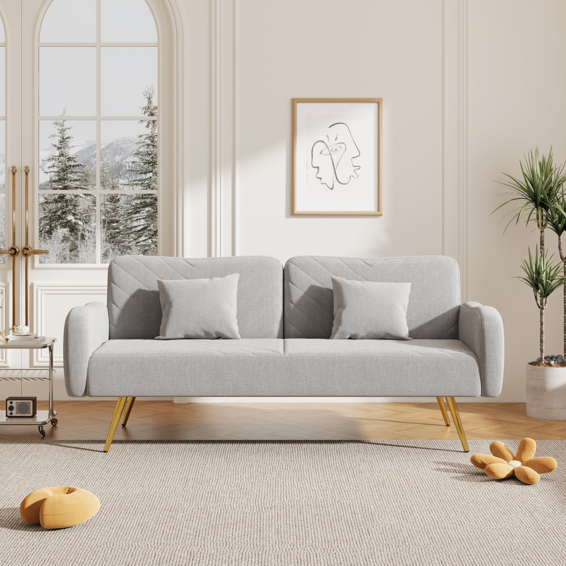 70.47" Gray Fabric Double Sofa with Split Backrest and Two Throw Pillows - Korvel