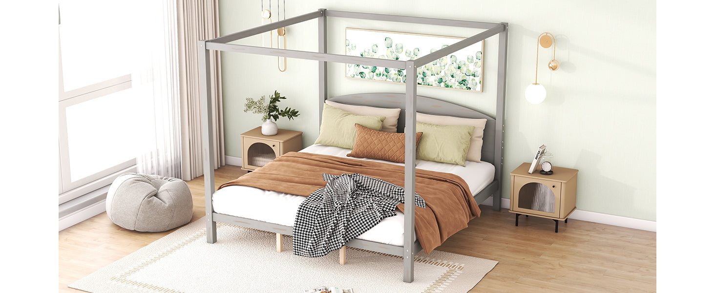 King Size Canopy Platform Bed with Headboard and Support Legs, Grey Wash - Korvel