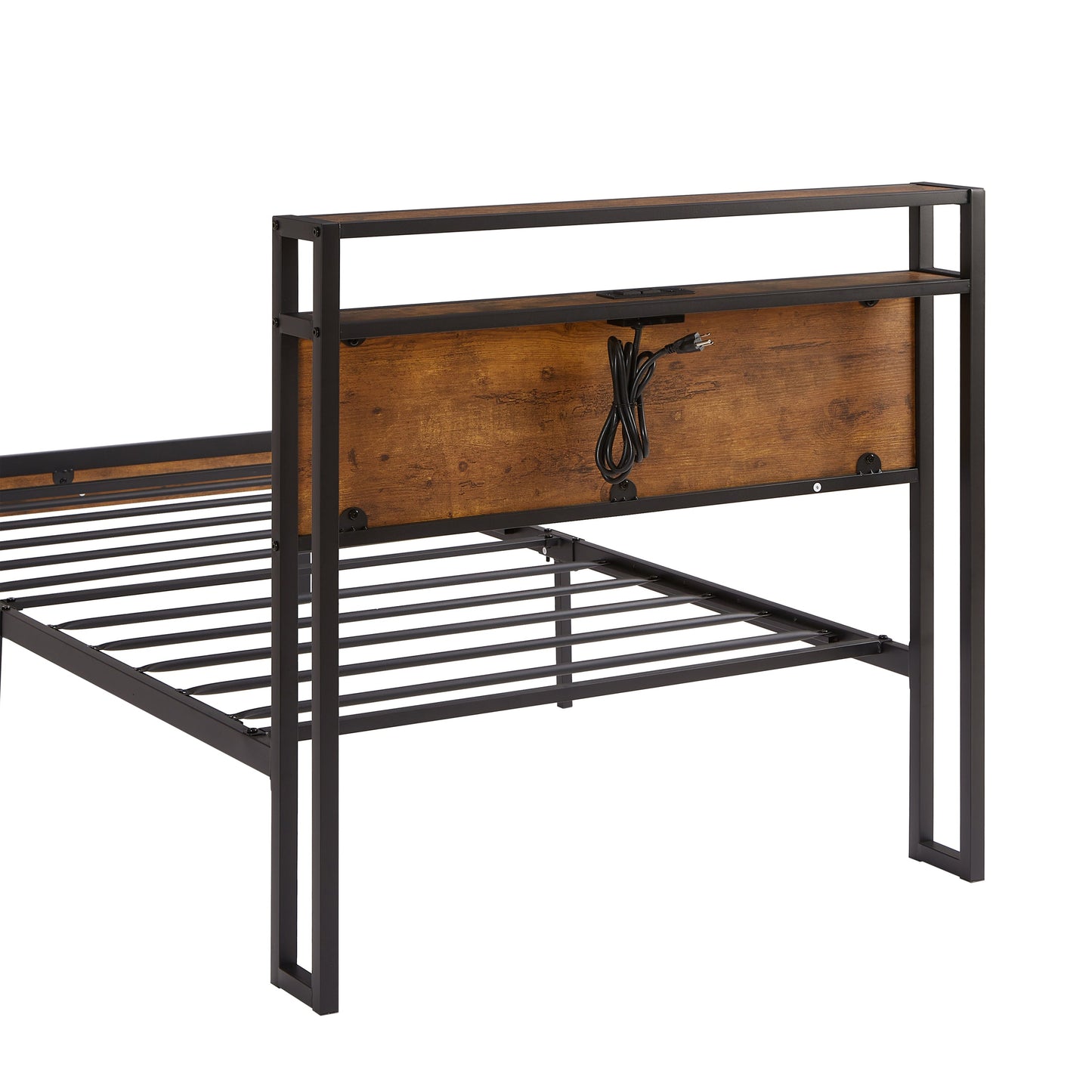 Dual size metal platform bed frame with wooden headboard and footrest, USB LINER, LED lights - Korvel