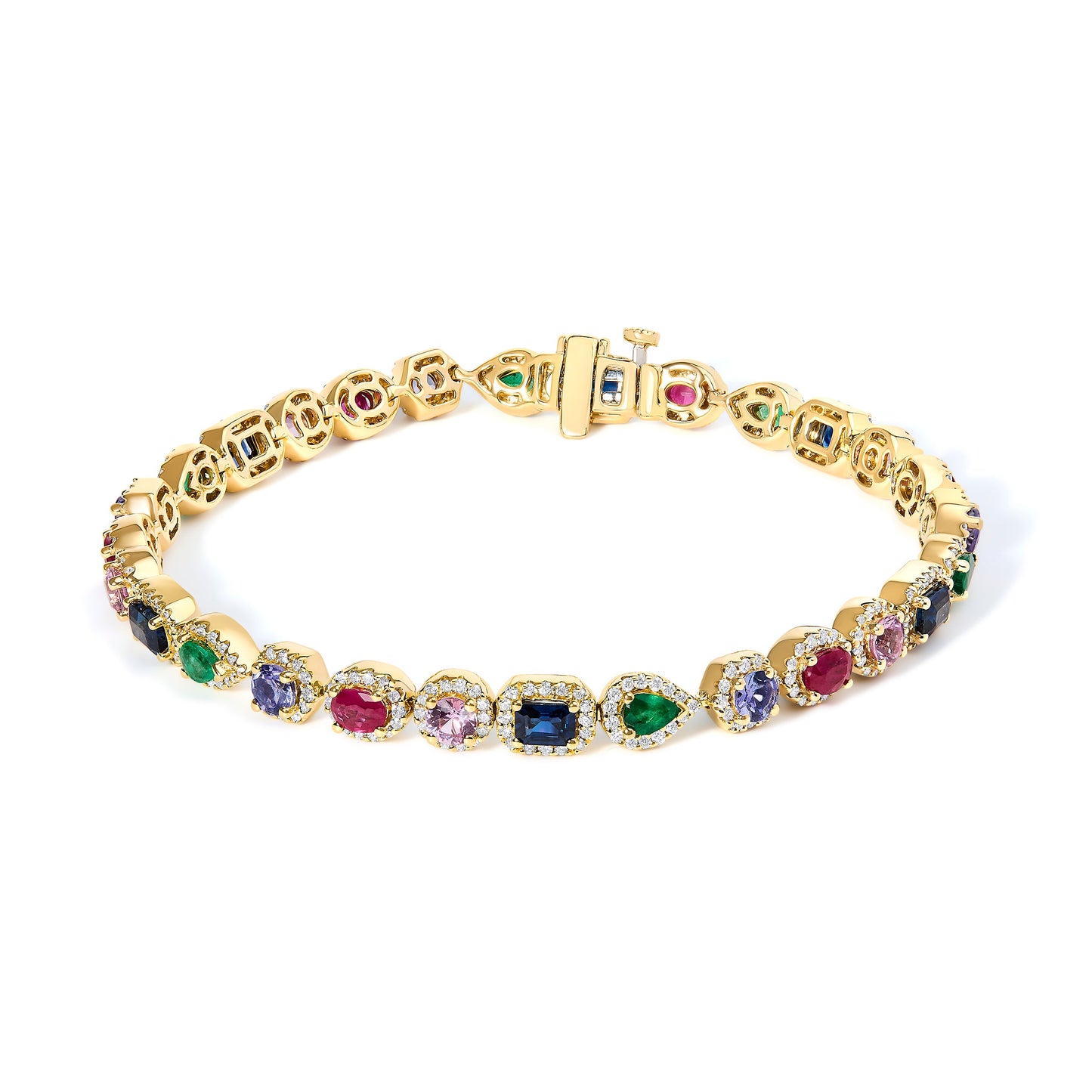 Pulsera de Tenis de Halo de Diamantes y Multigem de Oro Amarillo de 14K
