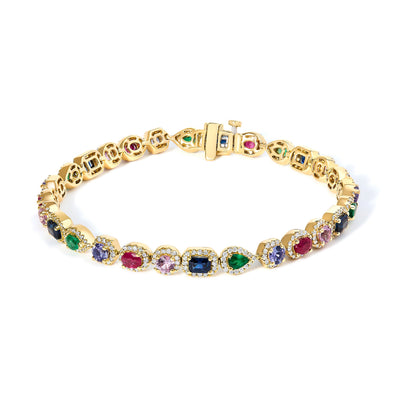 Pulsera de Tenis de Halo de Diamantes y Multigem de Oro Amarillo de 14K