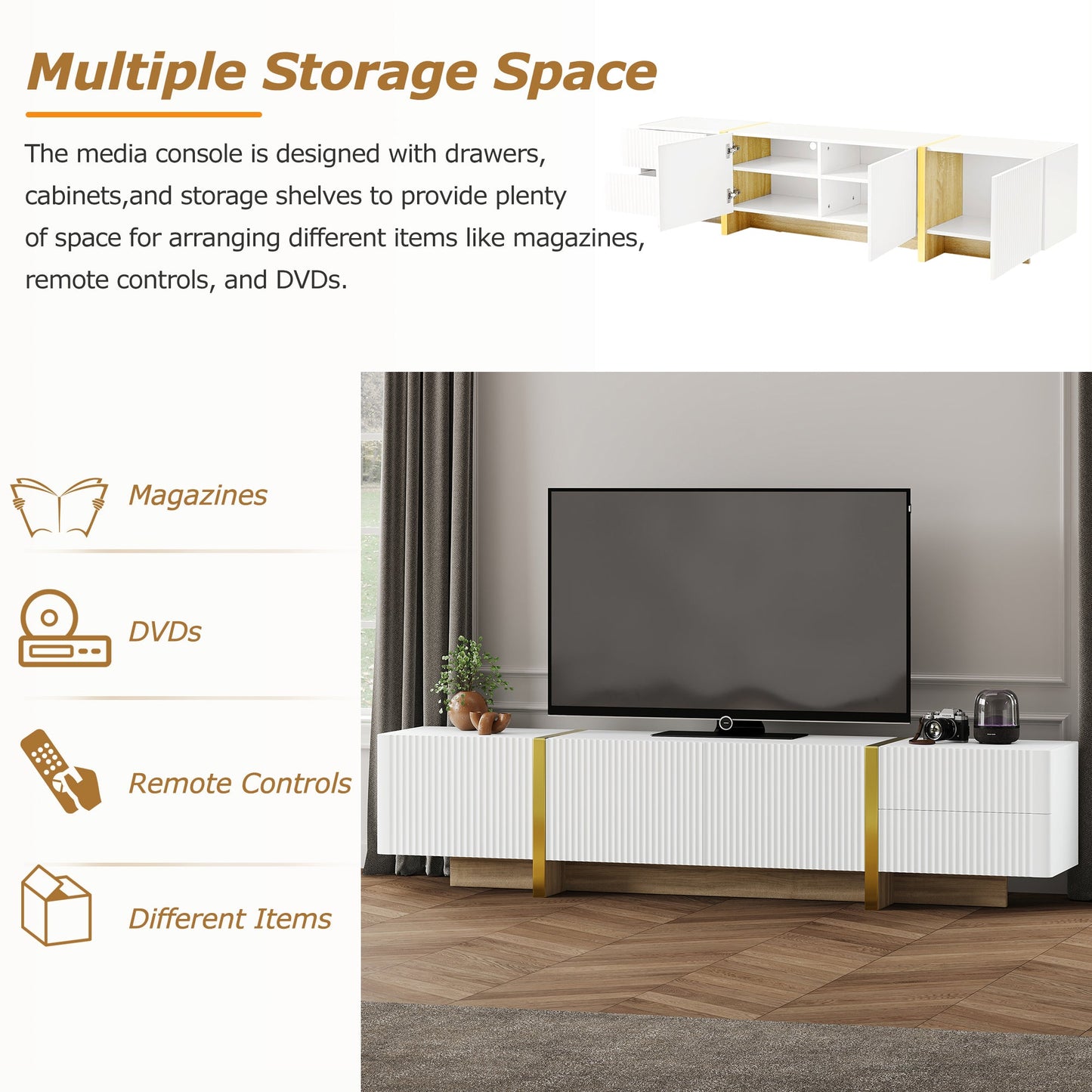 Luxury Fluted TV Stand for TVs Up to 80'', Modern Entertainment Center with Storage Cabinets & Drawer White - Korvel
