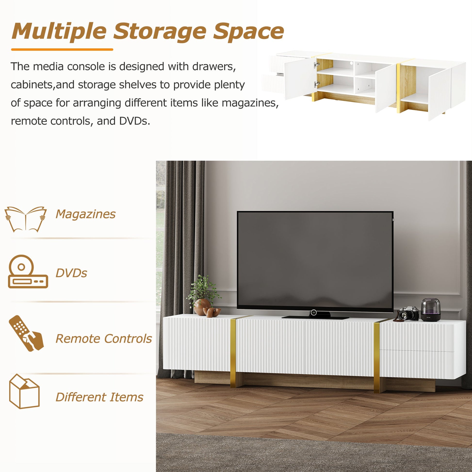 Luxury Fluted TV Stand for TVs Up to 80'', Modern Entertainment Center with Storage Cabinets & Drawer White - Korvel