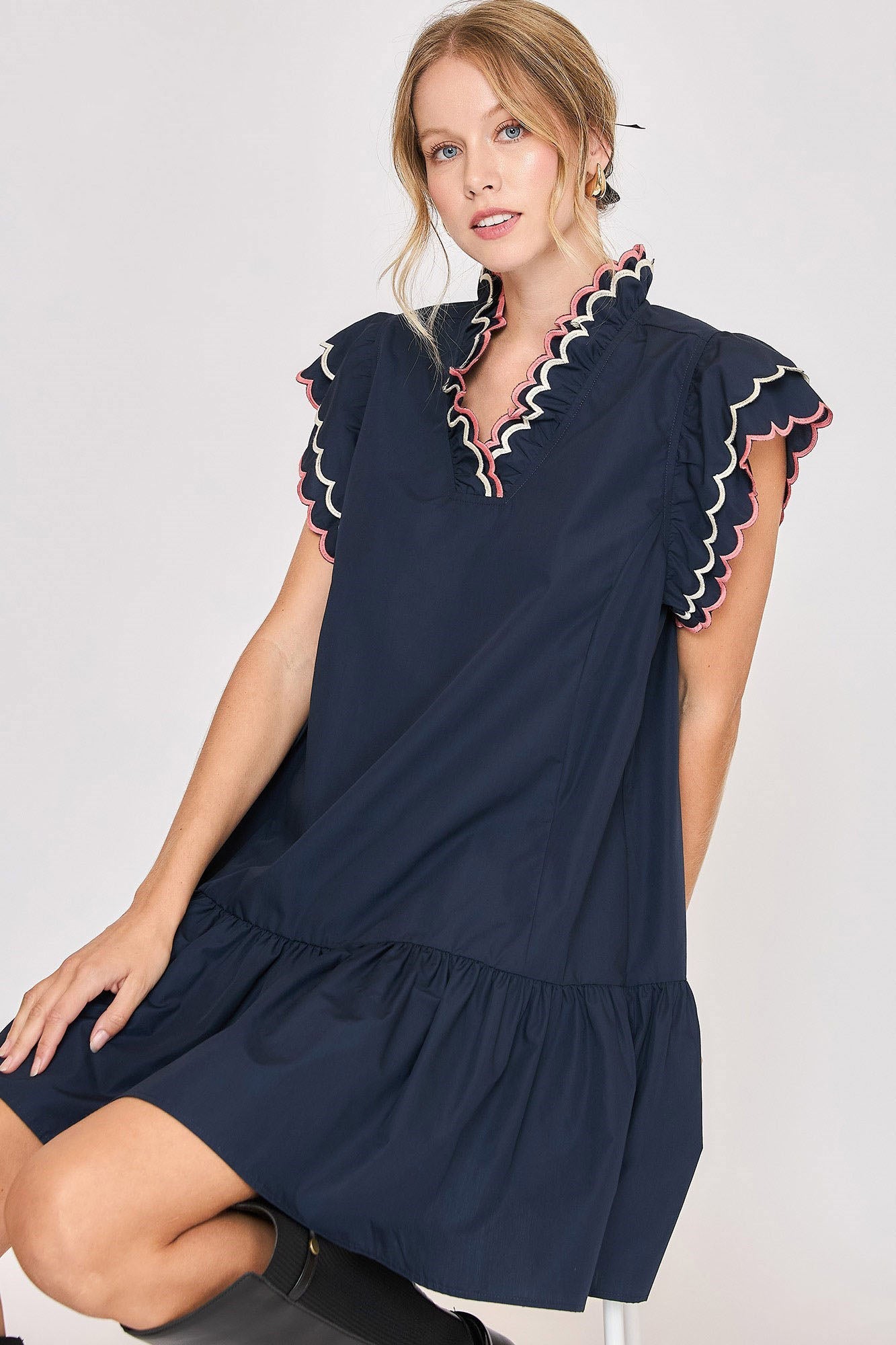 Vestido Elegante de Manga Rizada Talla Grande en Azul Marino