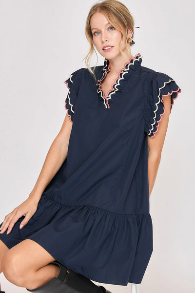 Elegant Ruffled Sleeve Plus Size Dress in Dark Navy