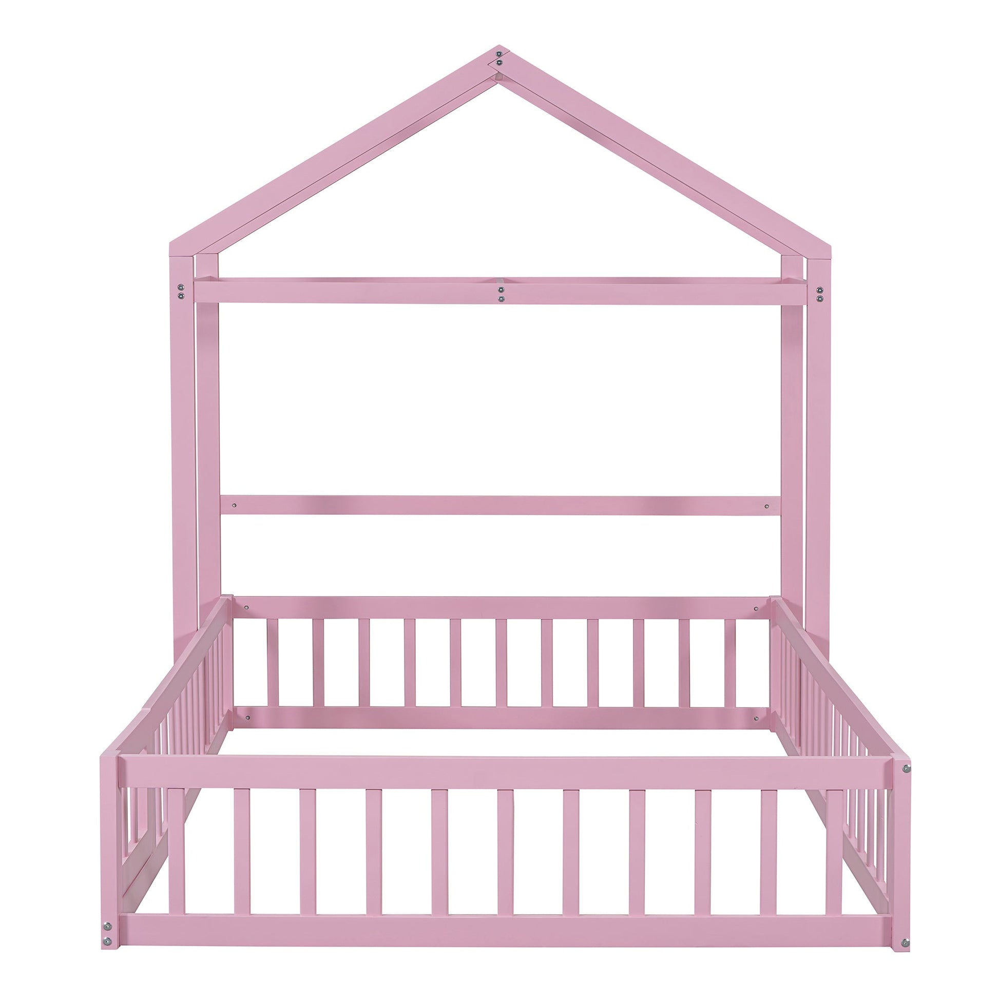 Wooden Full Size Children's Bed with Detachable Headboard and Integrated Clothes Drying Rack, Pink - Korvel