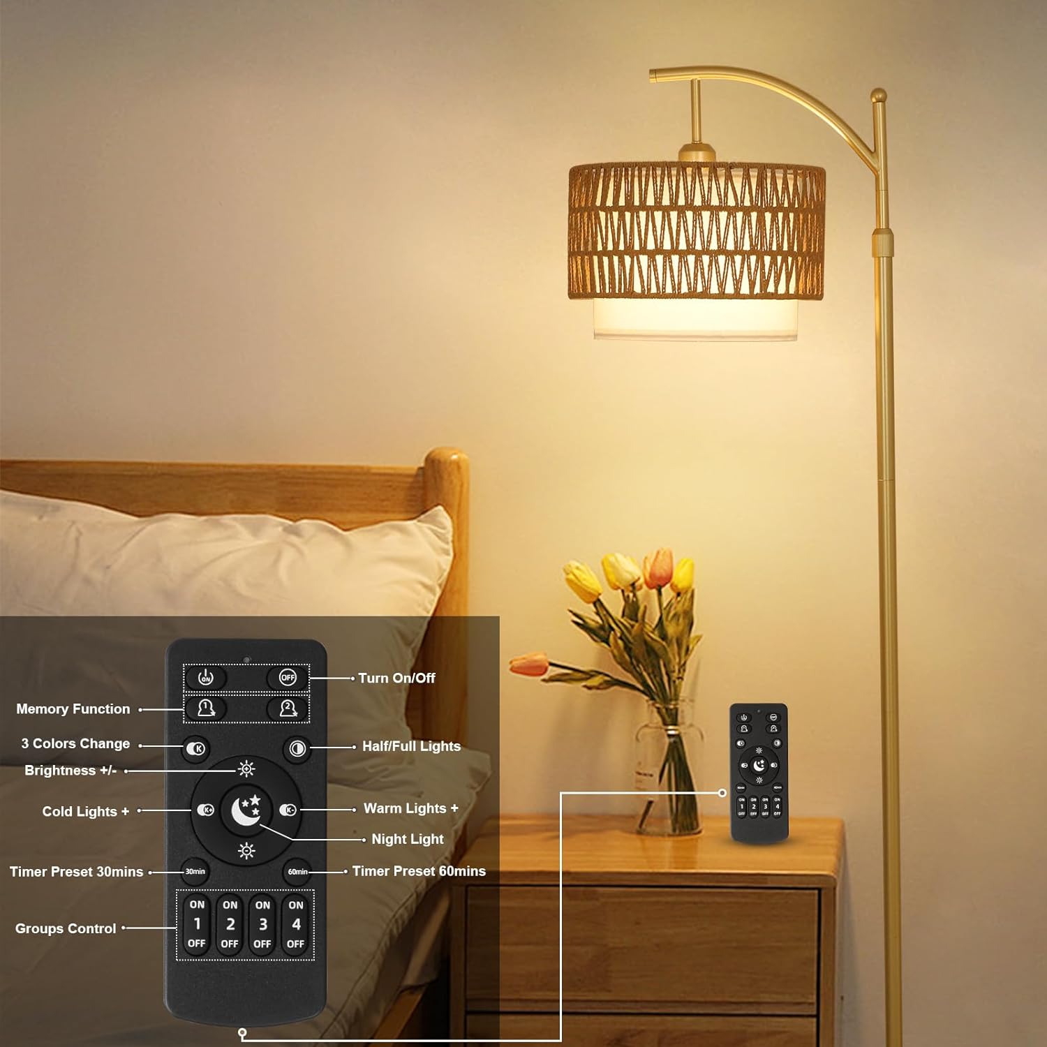 Gold Floor Lamps for Living Room with Remote & Dimmable LED Bulb, Modern Arc Floor Lamp with 3 Color Temperatures - Korvel