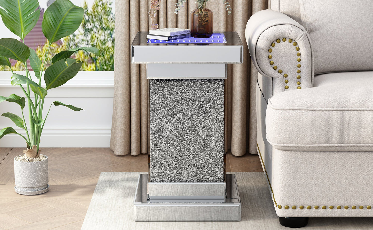 U-Can 11.8-Inch Silver Square Mirror Coffee Table with LED Lights