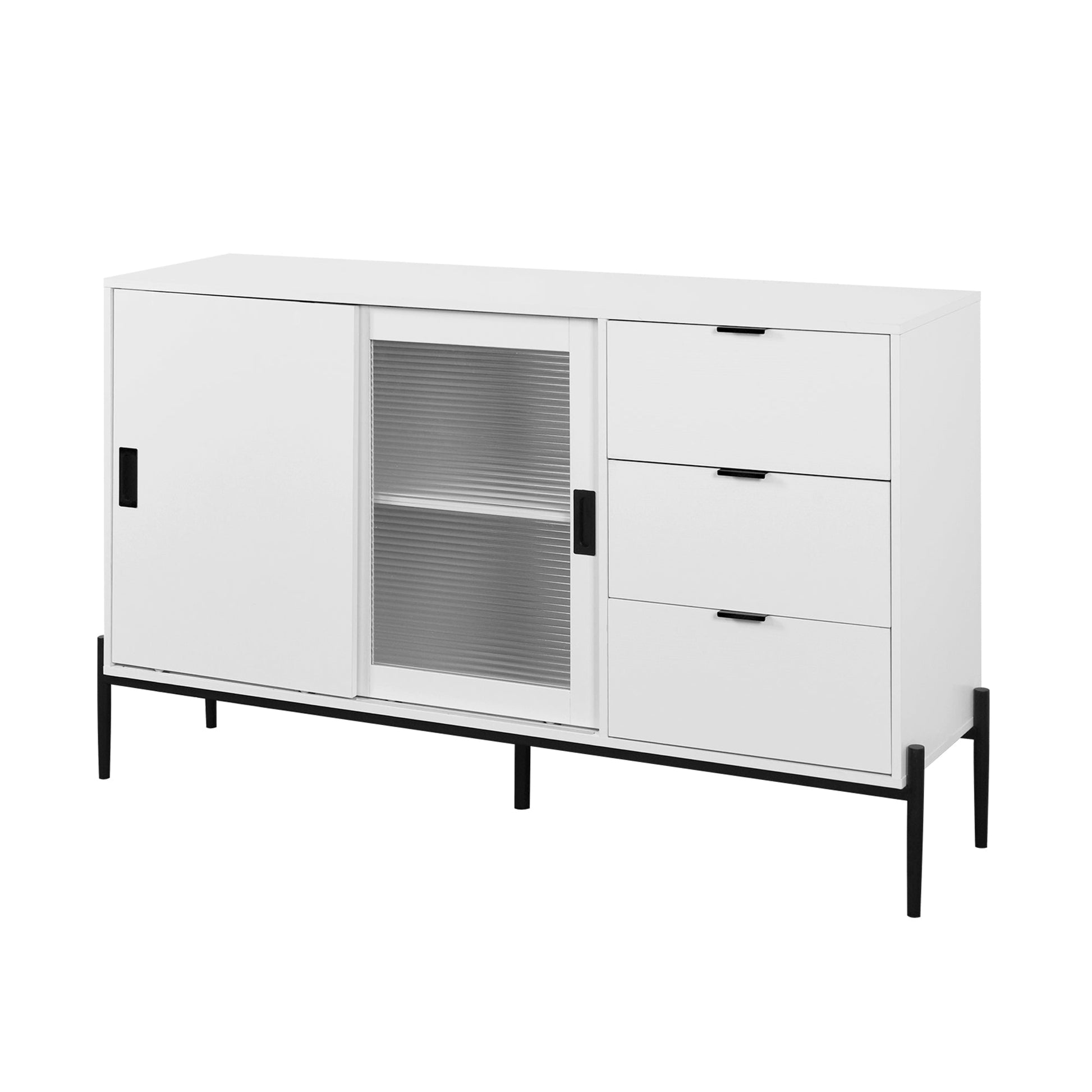 Modern characteristic storage cabinet side panel with glass sliding door and 3 drawers, dining table cabinet in white color - Korvel