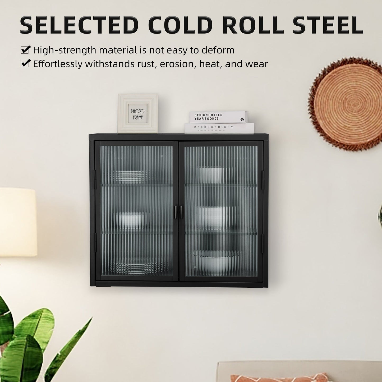 Retro Style Haze Double Glass Door Wall Cabinet With Detachable Shelves for Office Dining Room Living Room - Korvel
