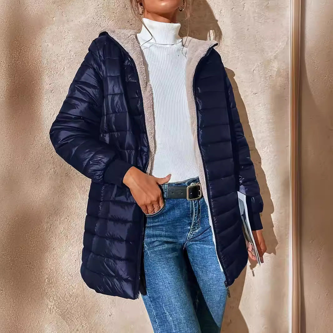 Veste matelassée à capuche en polaire mi-longue et ample