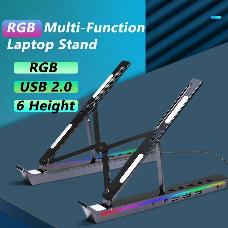 RGB Laptop Stand Adjustable 6 Gear Height Heat Dissipation USB Type-c Hub Ergonomic Notebook Holder for MacBook Tablet Phone - Korvel