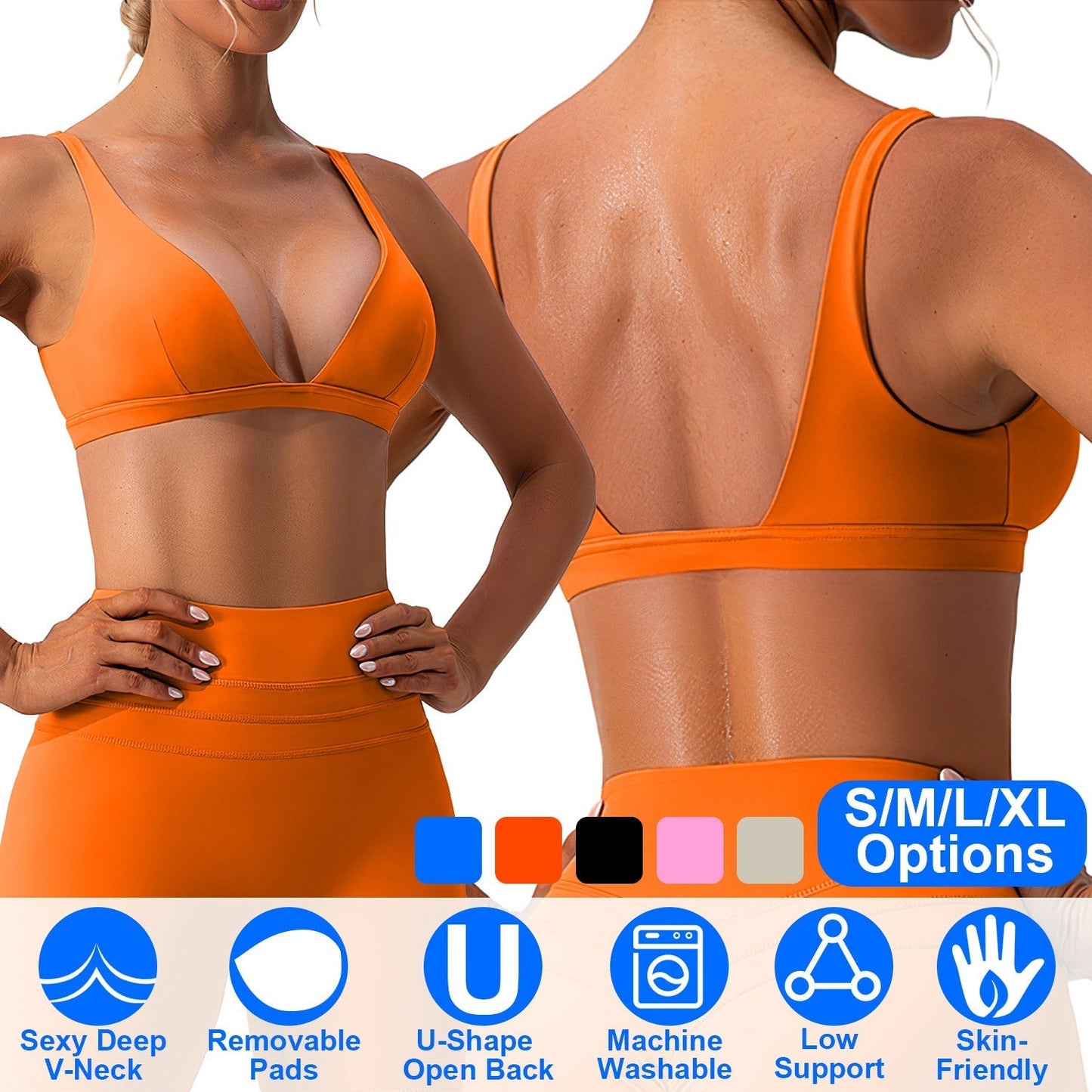 Women Deep V-Neck Sports Bra with U-Shaped Back