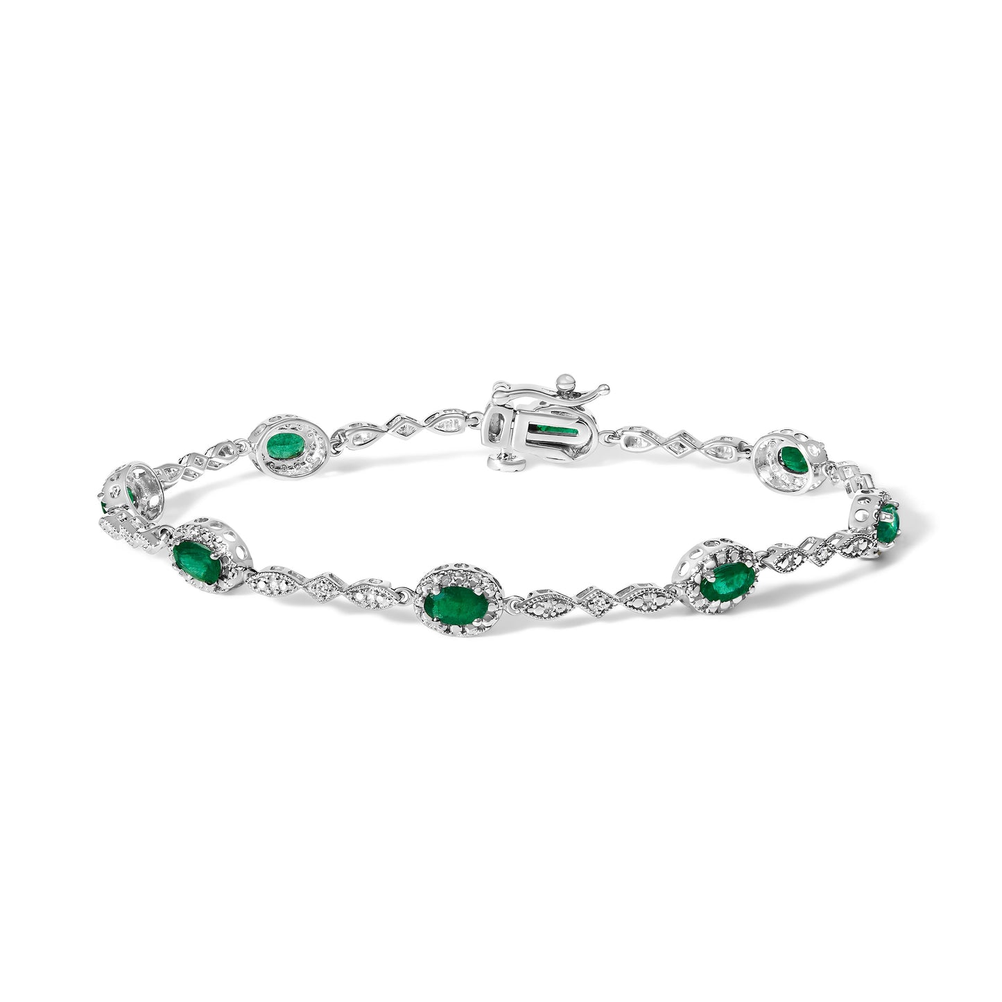 10K White Gold Oval Green Emerald & Diamond Bracelet