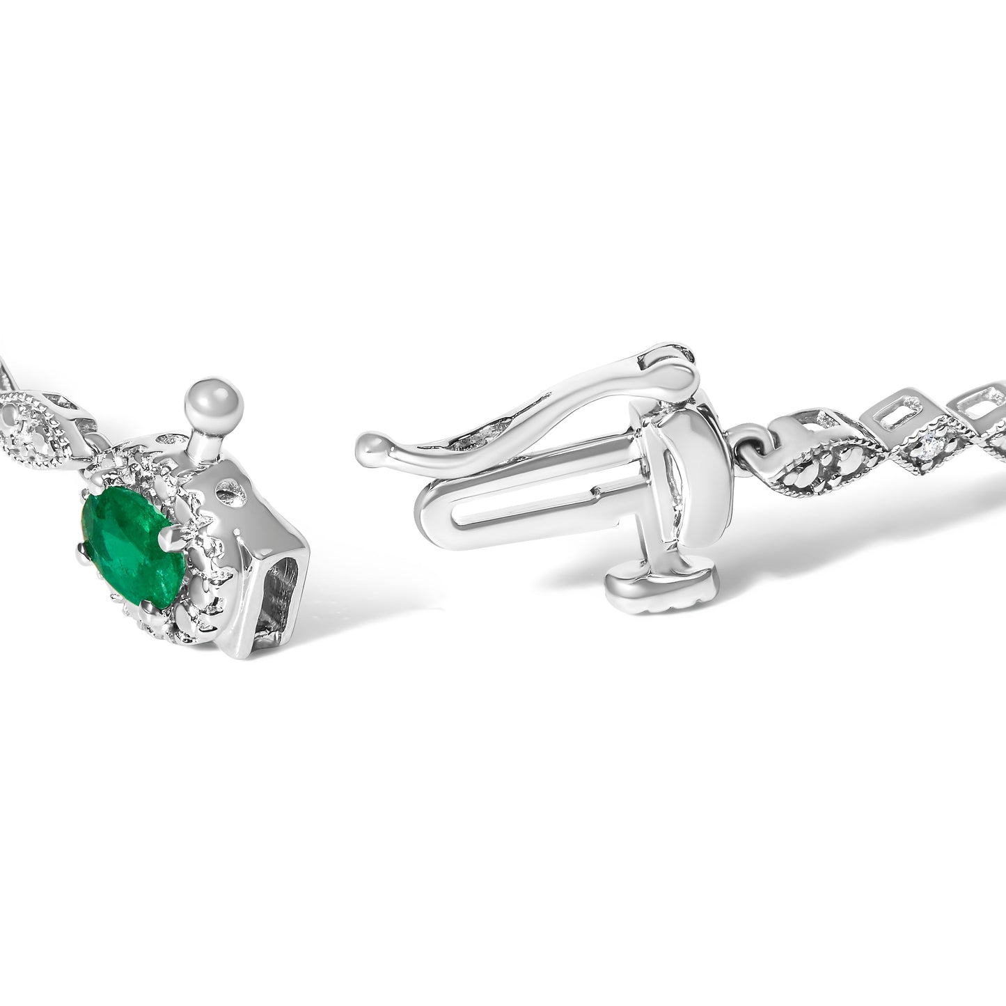 10K White Gold Oval Green Emerald & Diamond Bracelet