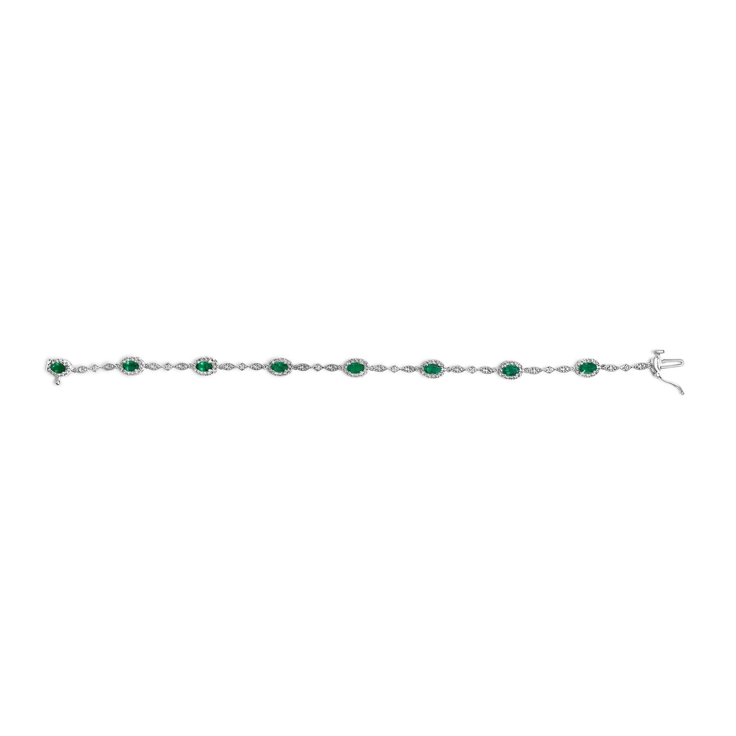 10K White Gold Oval Green Emerald & Diamond Bracelet