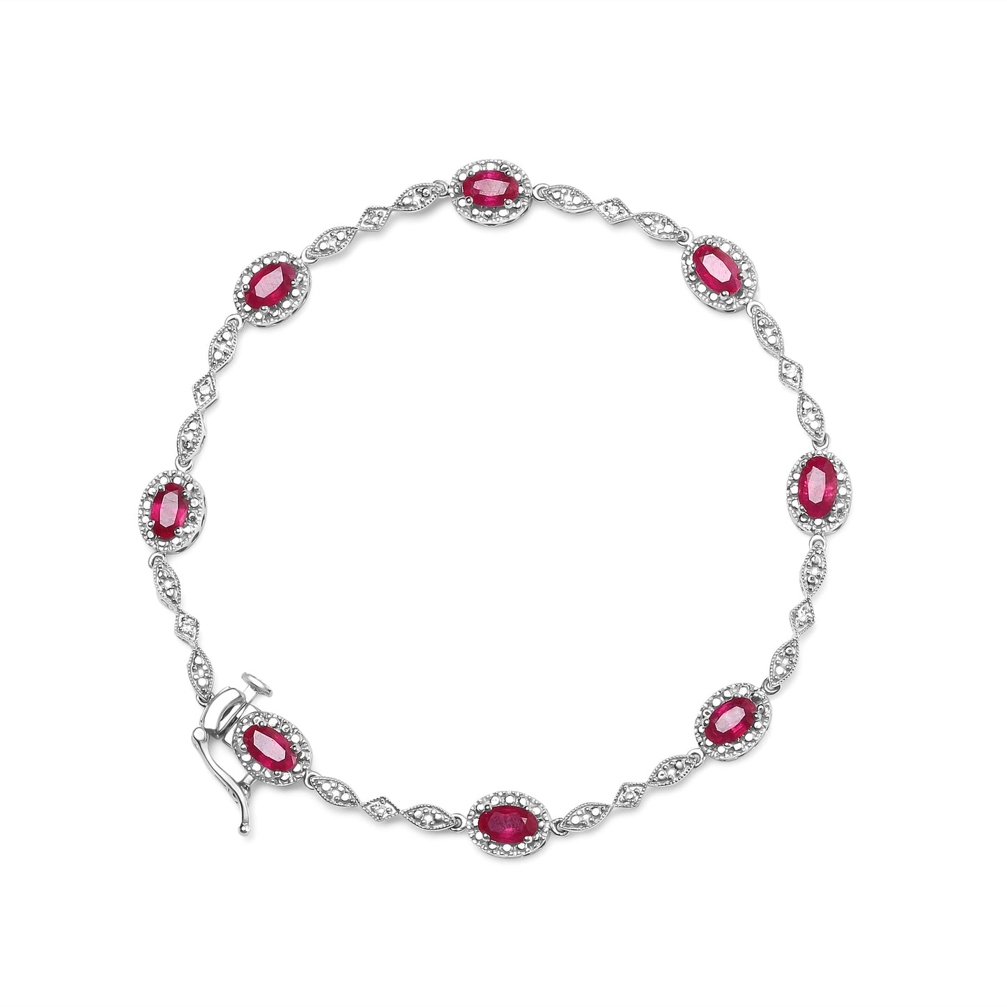 10K White Gold Ruby and Diamond Link Bracelet - Size 7"