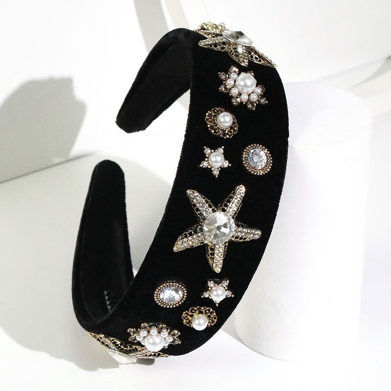 Fashionable velvet pearl black starfish hairband - Korvel