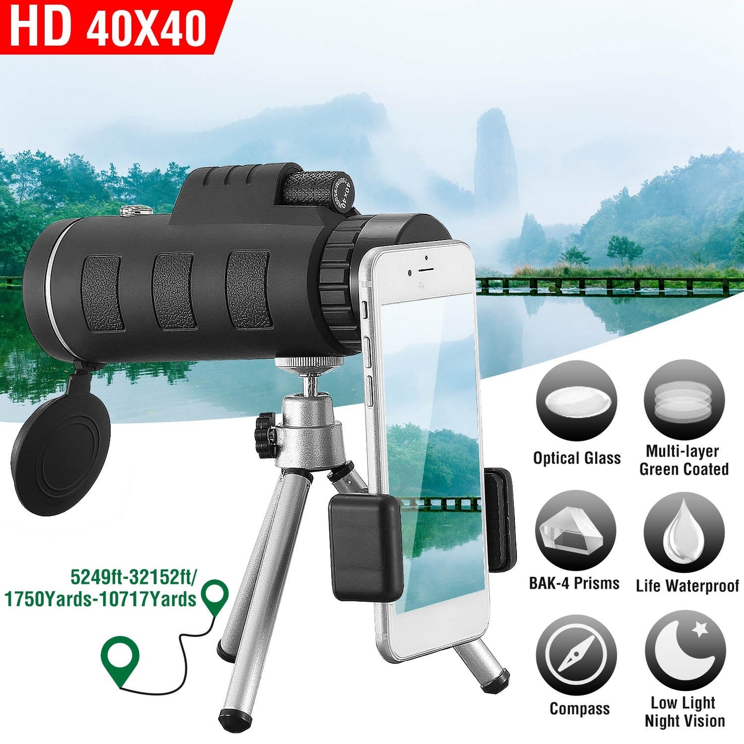 Télescope Monoculaire Optique HD Gbruno 40x40 avec Trépied et Support de Téléphone