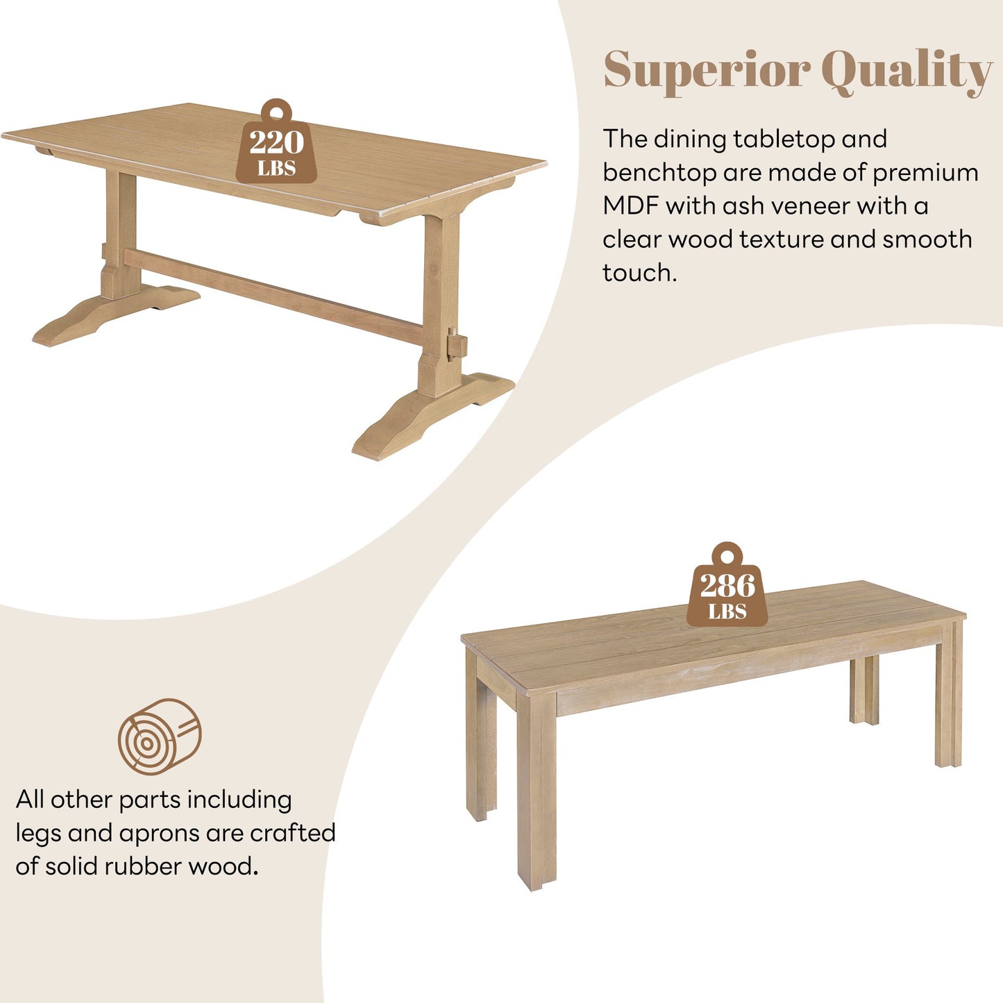 TREXM 3-piece retro dining table, rectangular stand table, and 2 4-person wooden stools (made of natural wood) - Korvel