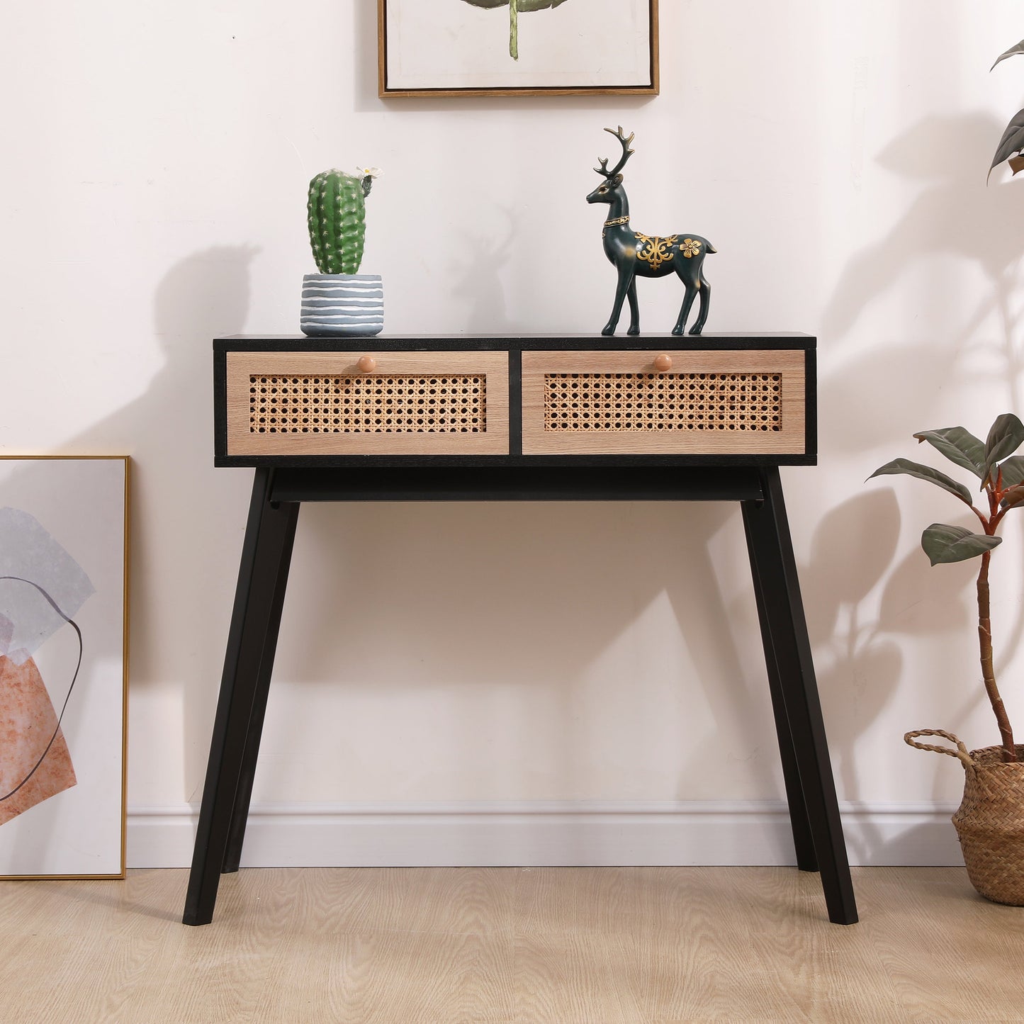 Side table with two real rattan drawers, solid wood table legs,can be used in the dining room, living room,bedroom - Korvel