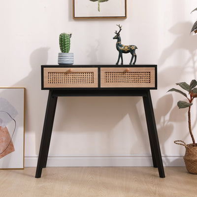 Side table with two real rattan drawers, solid wood table legs,can be used in the dining room, living room,bedroom - Korvel