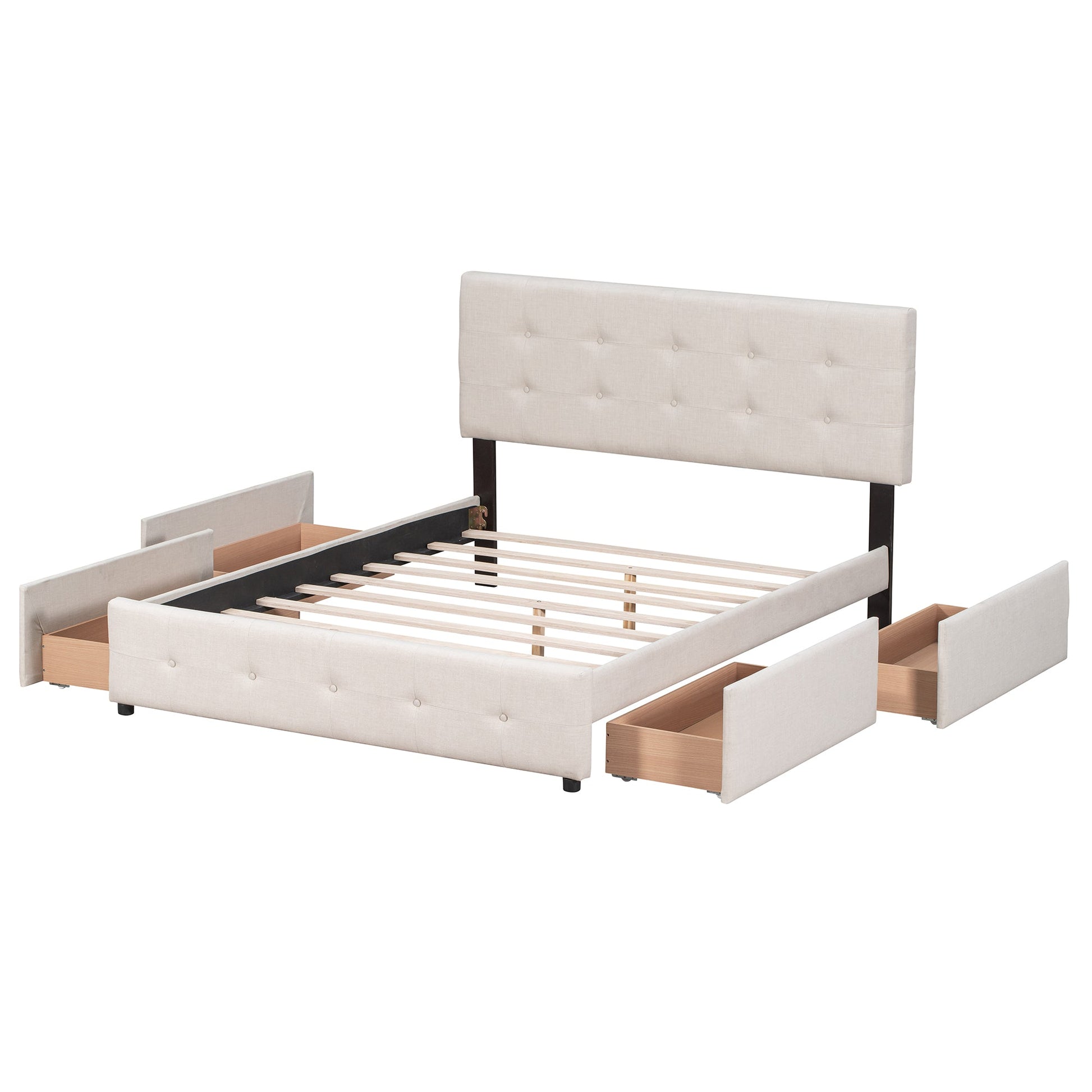 Upholstered Platform Bed with Classic Headboard and 4 Drawers No Box Spring Needed Linen Fabric Queen Size Beige - Korvel