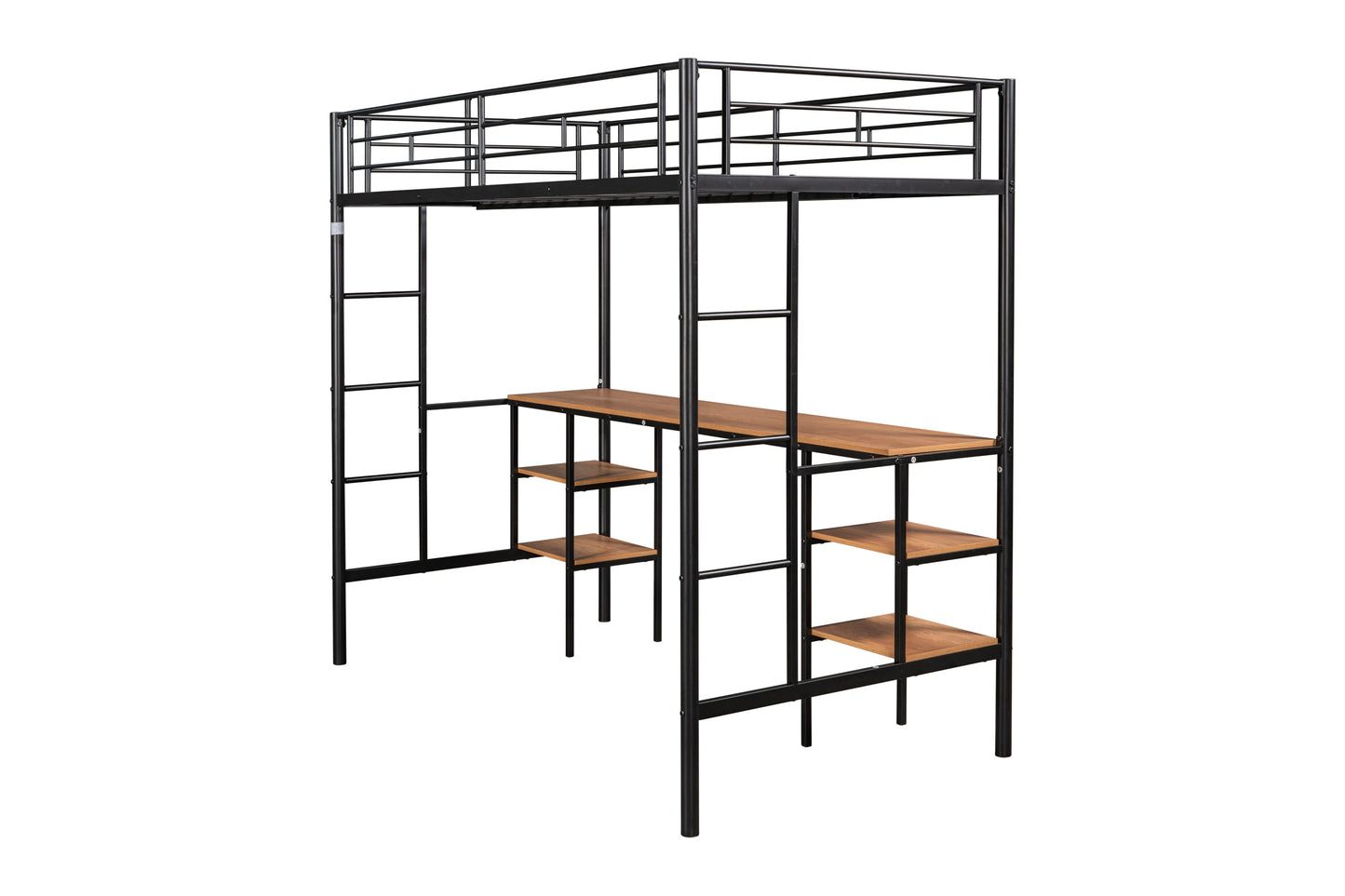 Twin loft bed with table and shelf/Heavy duty sturdy metal/Built in table and shelf/Noise reduction/Safety fence - Korvel