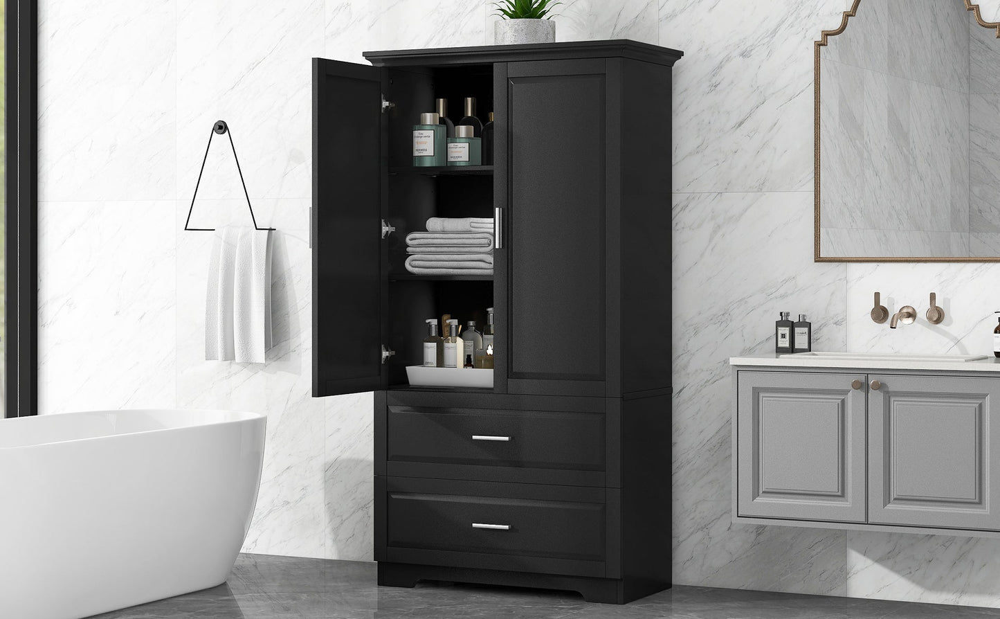 Tall Bathroom Storage Cabinet, Cabinet with Two Doors and Drawers, Adjustable Shelf, MDF Board, Black - Korvel