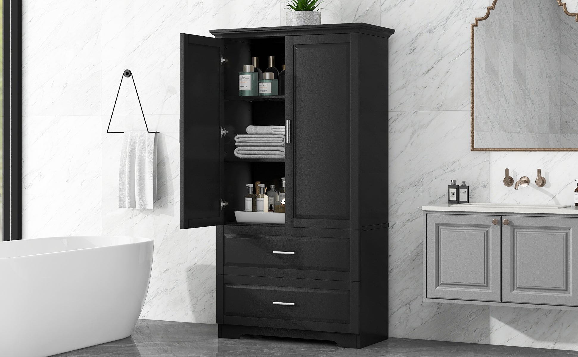 Tall Bathroom Storage Cabinet, Cabinet with Two Doors and Drawers, Adjustable Shelf, MDF Board, Black - Korvel