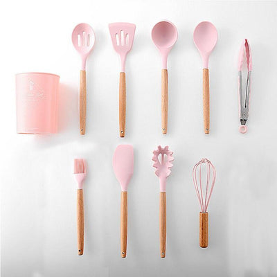 11-Piece Barreled Cooking Utensils Set with Wooden Handle - Pink