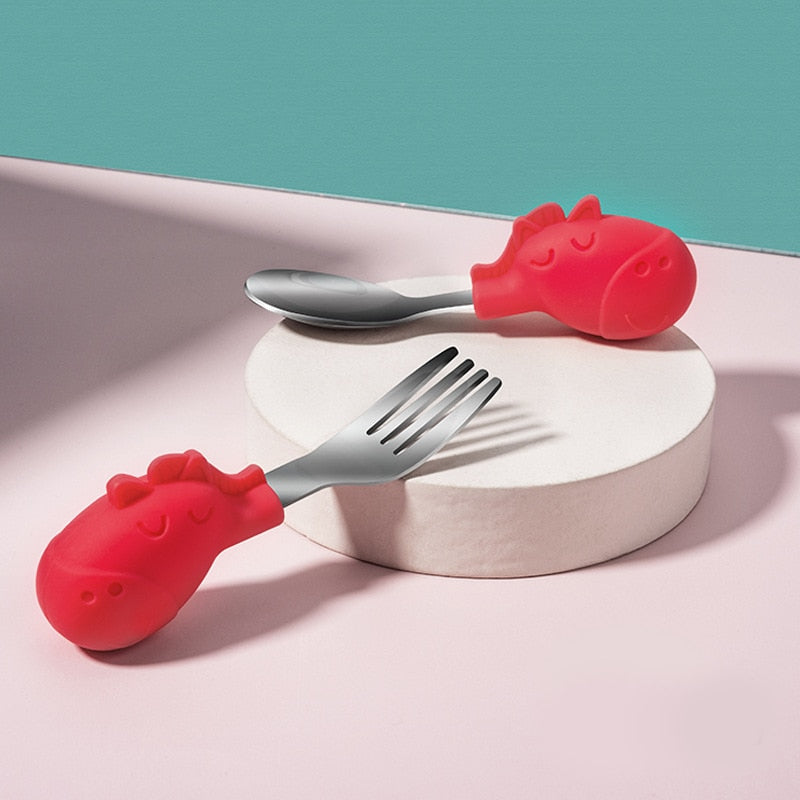 Baby Gadgets Tableware Set Children Utensil Stainless Steel Toddler Dinnerware Cutlery Cartoon Infant Food Feeding Spoon Fork - Korvel