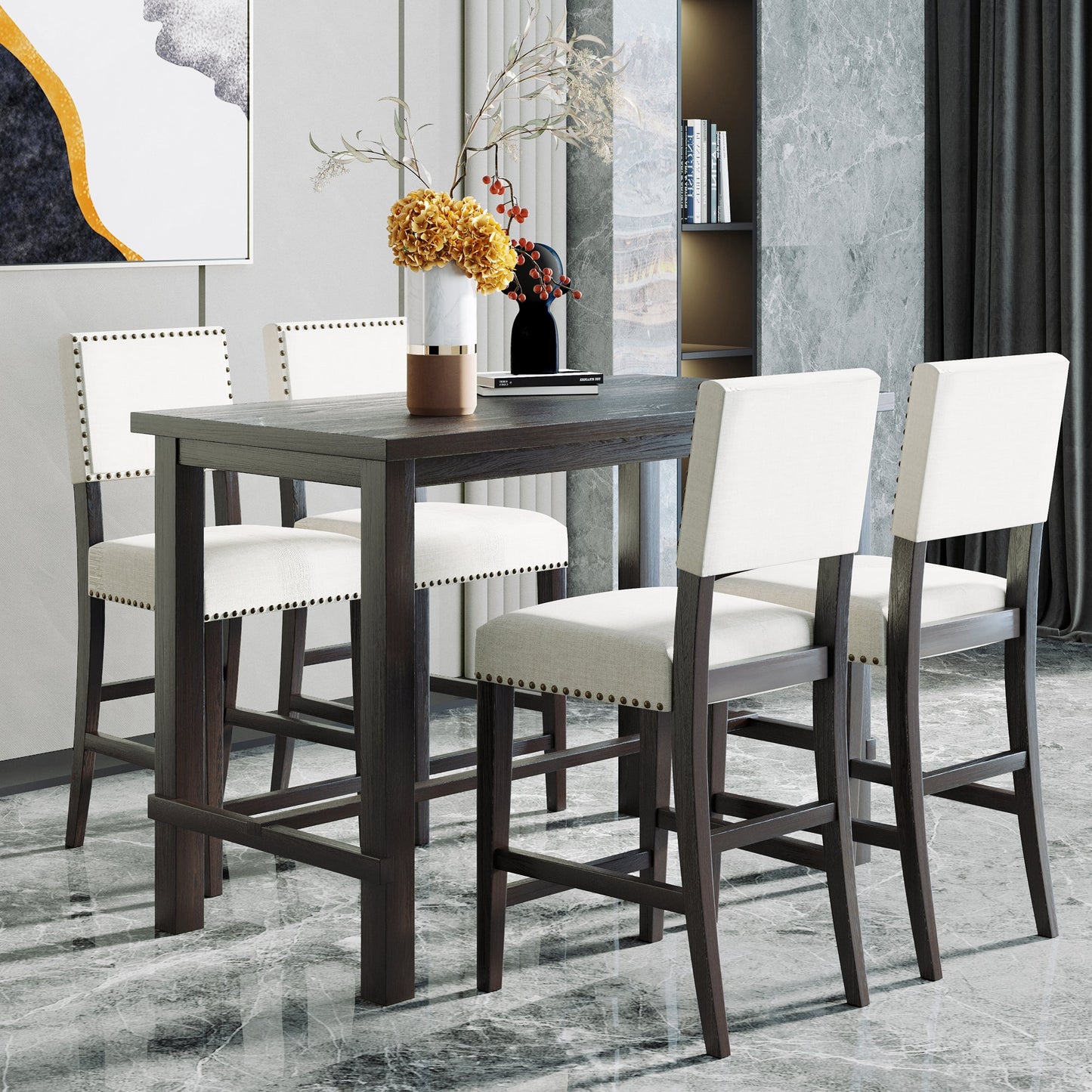 Conjunto de Comedor de Altura de Mostrador TREXM de 5 Piezas en Espresso y Beige