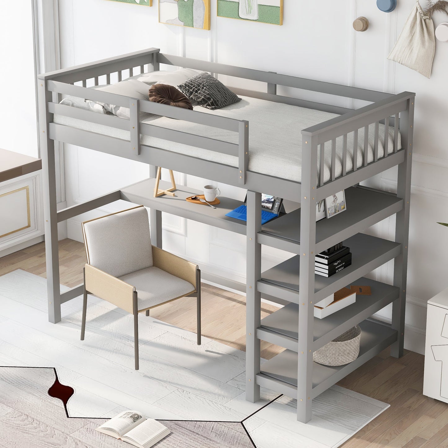 Twin Size Loft Bed with Storage Shelves and Under-bed Desk