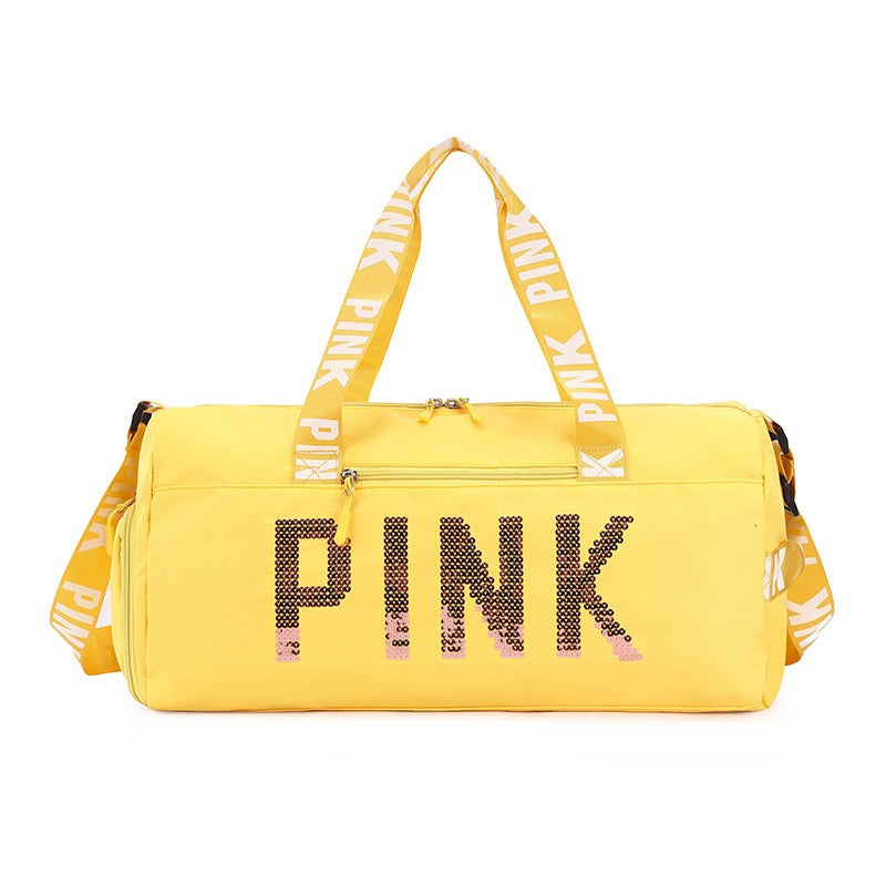 New fitness bag, shoe compartment, dry wet separation bag, sports travel bag, shiny pink letter single shoulder crossbody bag - Korvel