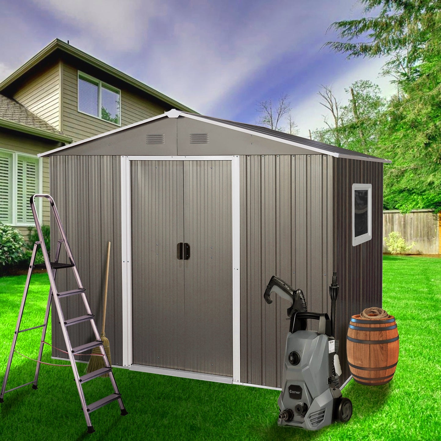 8ft x 6ft Outdoor Metal Storage Shed with Window Grey(W540S00016) - Korvel