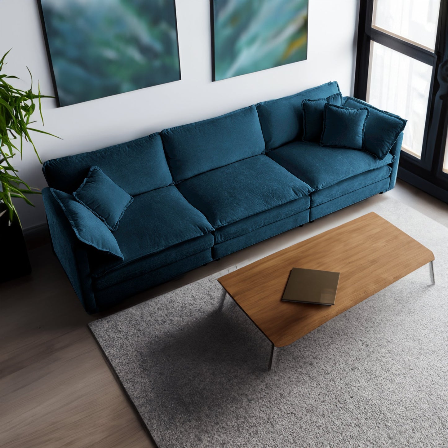 Mid-Century Modern Couch 3-Seater Sofa with 2 Armrest Pillows and 3 Toss Pillows, Couch for Living Room Blue Chenille - Korvel