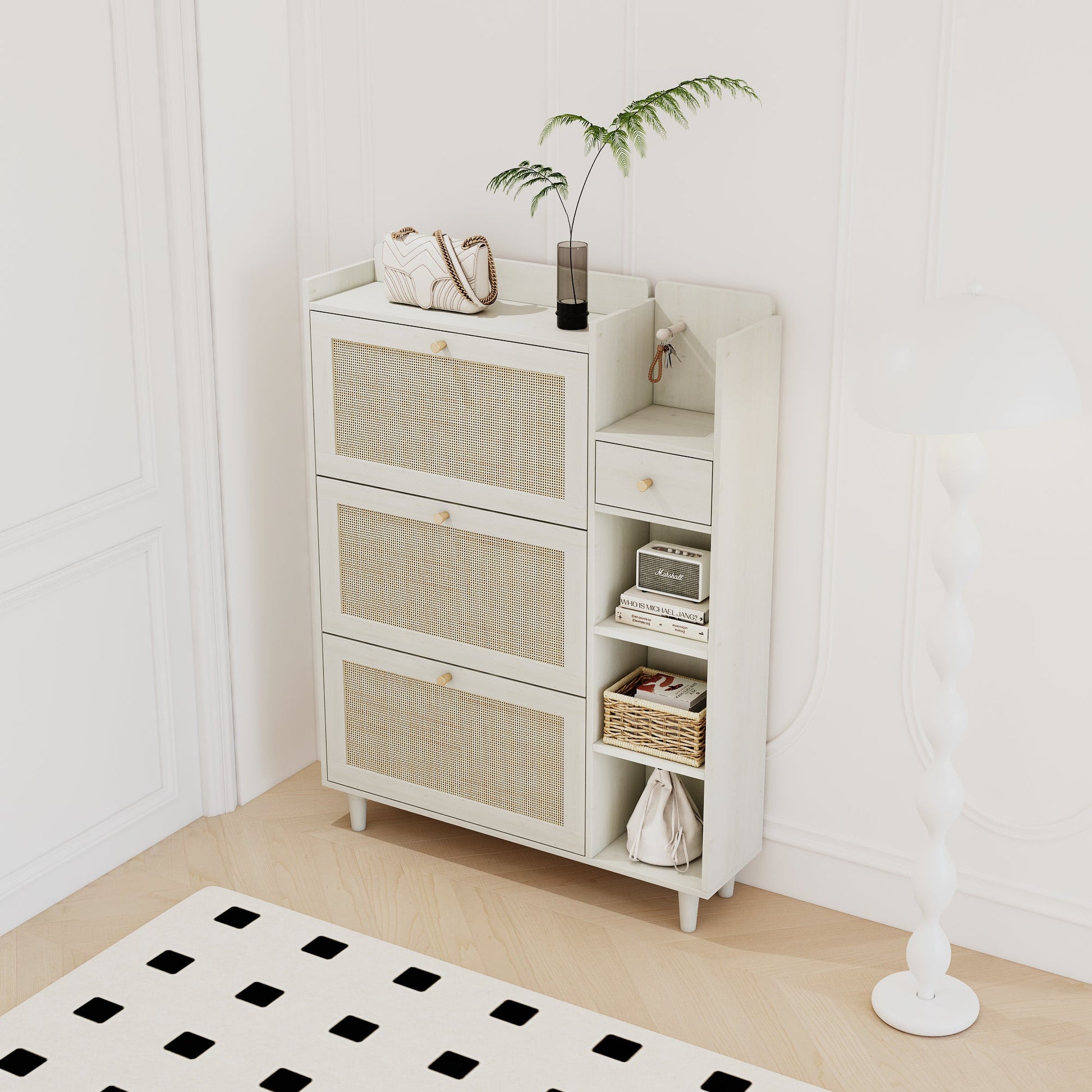 Natural Bohemian style shoe cabinet with 3 rattan flip drawers, 3 square shelves, and 1 storage drawer, white - Korvel