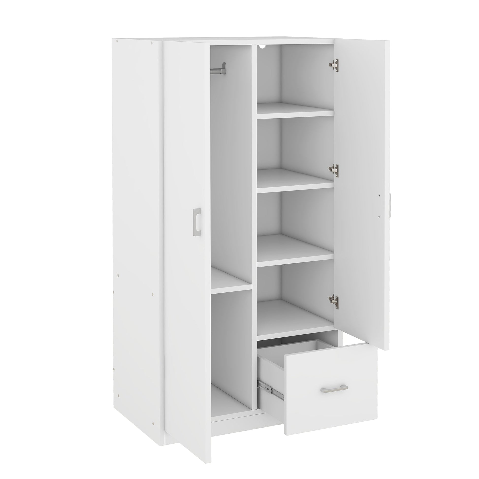 Wooden Wardrobe with Double Doors, Armoire with Hanging Rod, 5 Fixed Shelves, One Storage Drawer,White - Korvel