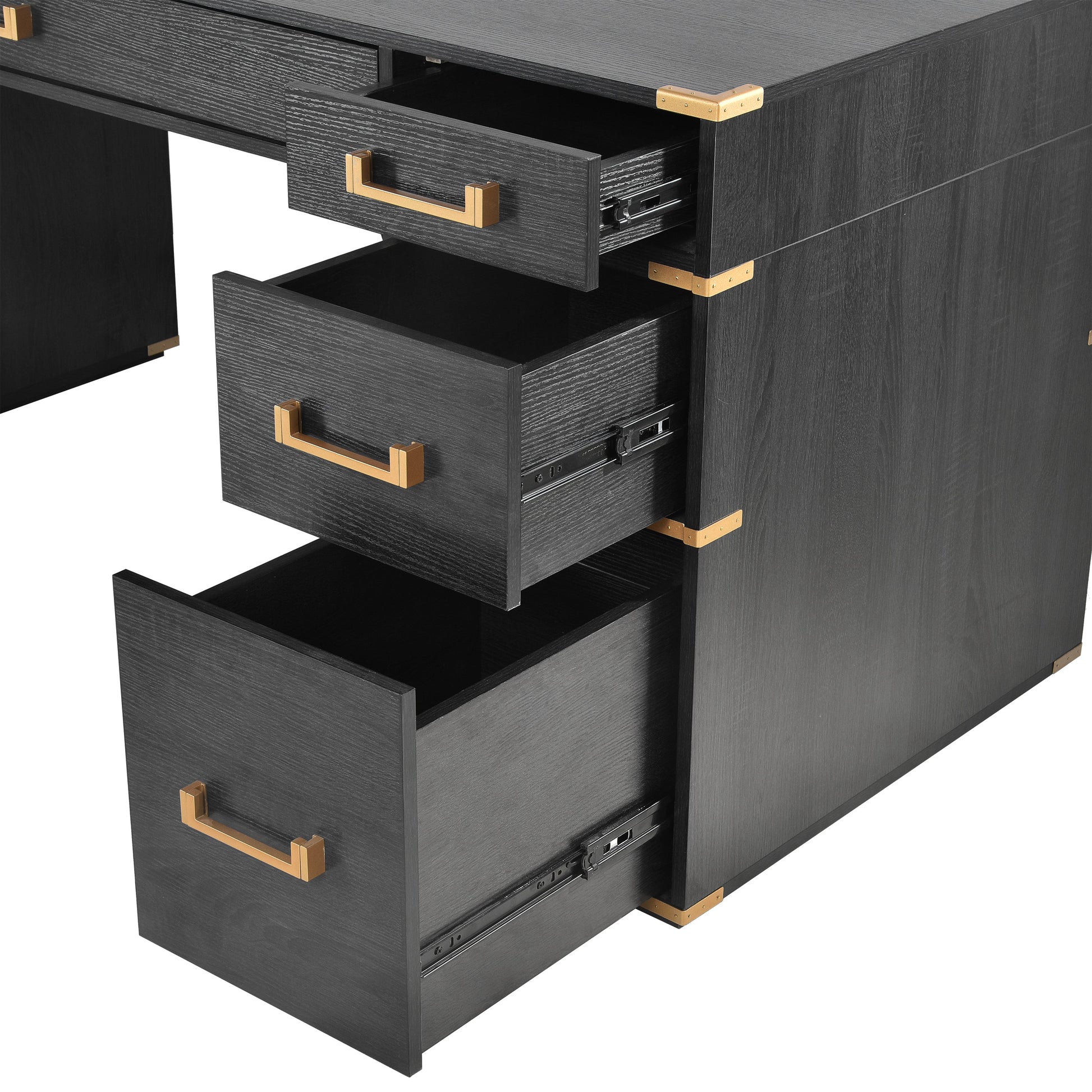 70 inch classic and traditional executive desk with metal trim, writing desk with 2 file drawers, USB ports, and sockets, black - Korvel