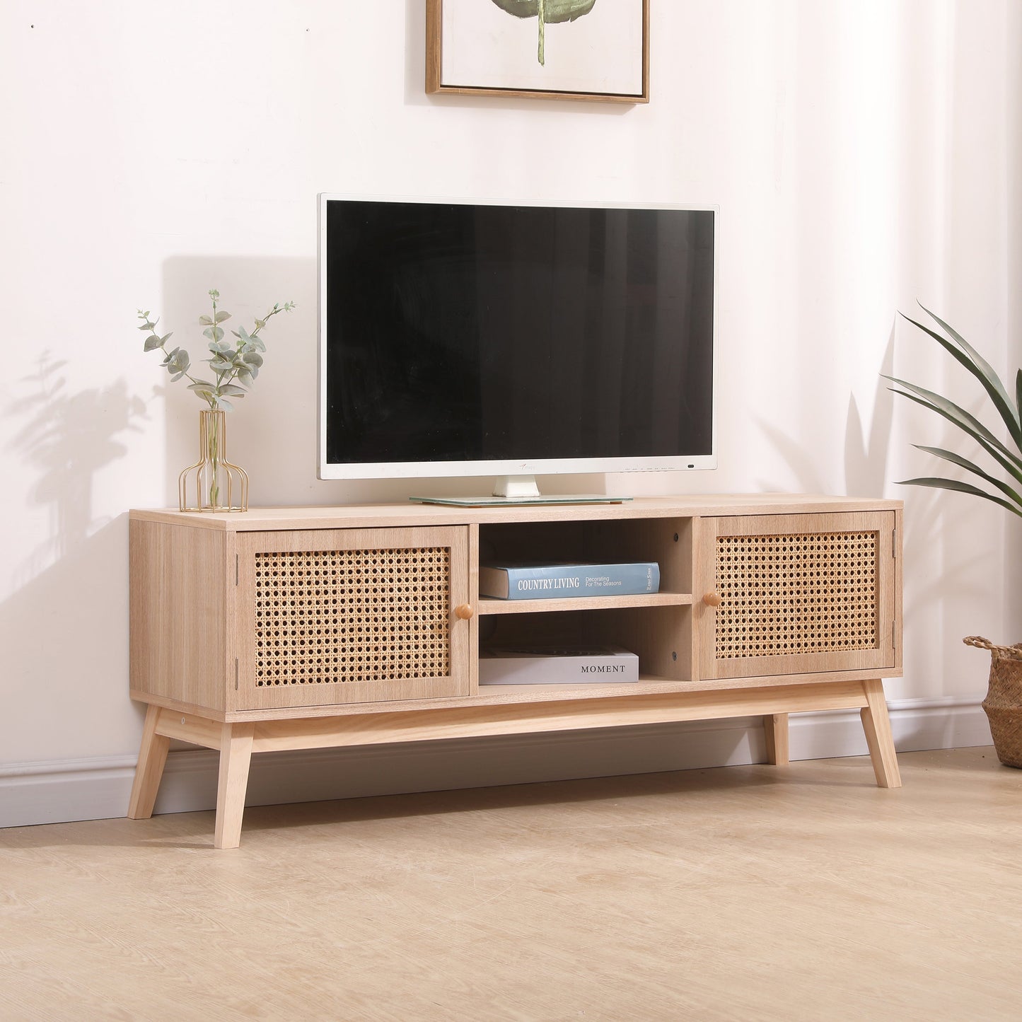 Support de télévision Boho SUPERJARE pour TV de 55 pouces avec étagère réglable