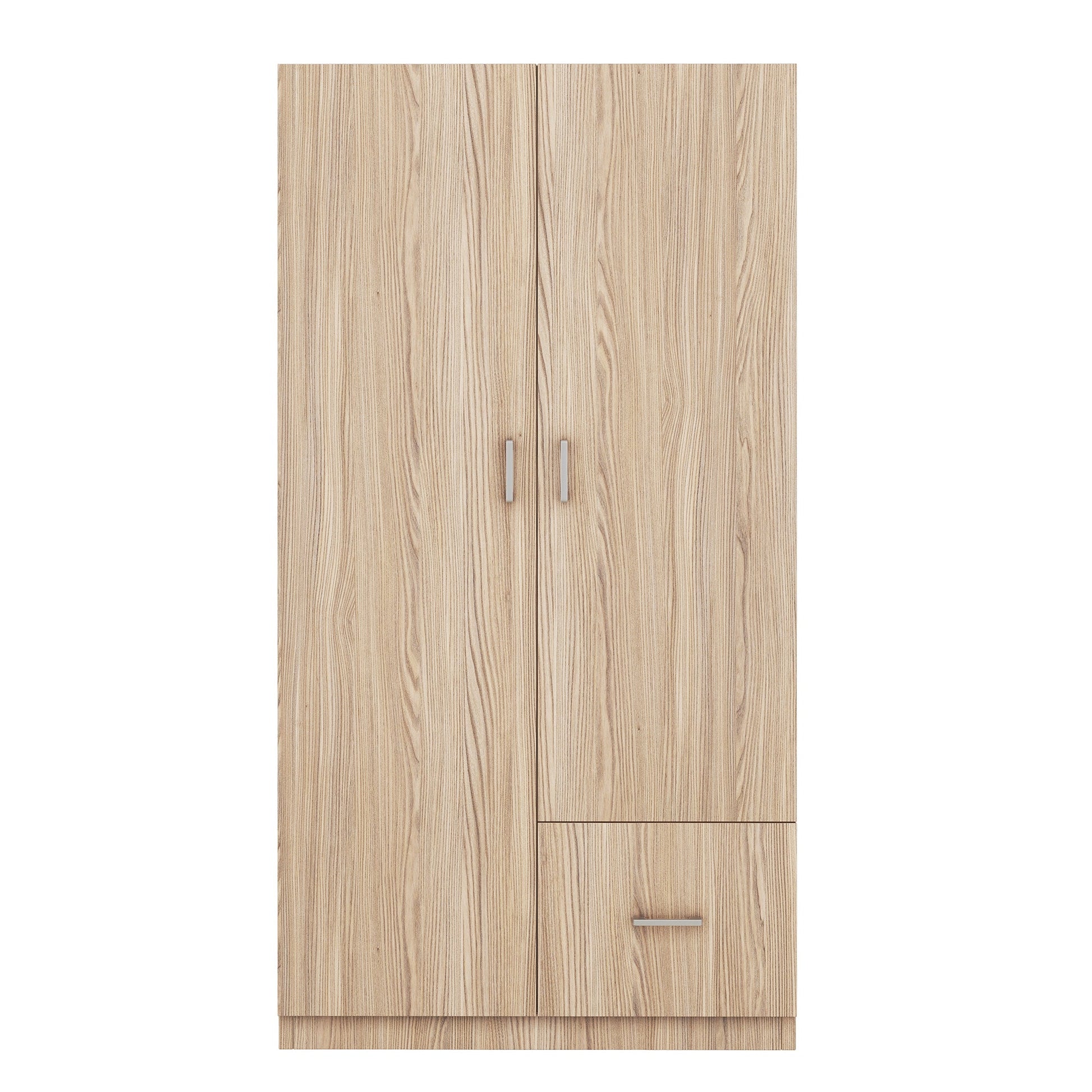 Wooden Wardrobe with Double Doors, Armoire with Hanging Rod, 5 Fixed Shelves, One Storage Drawer,Natural - Korvel