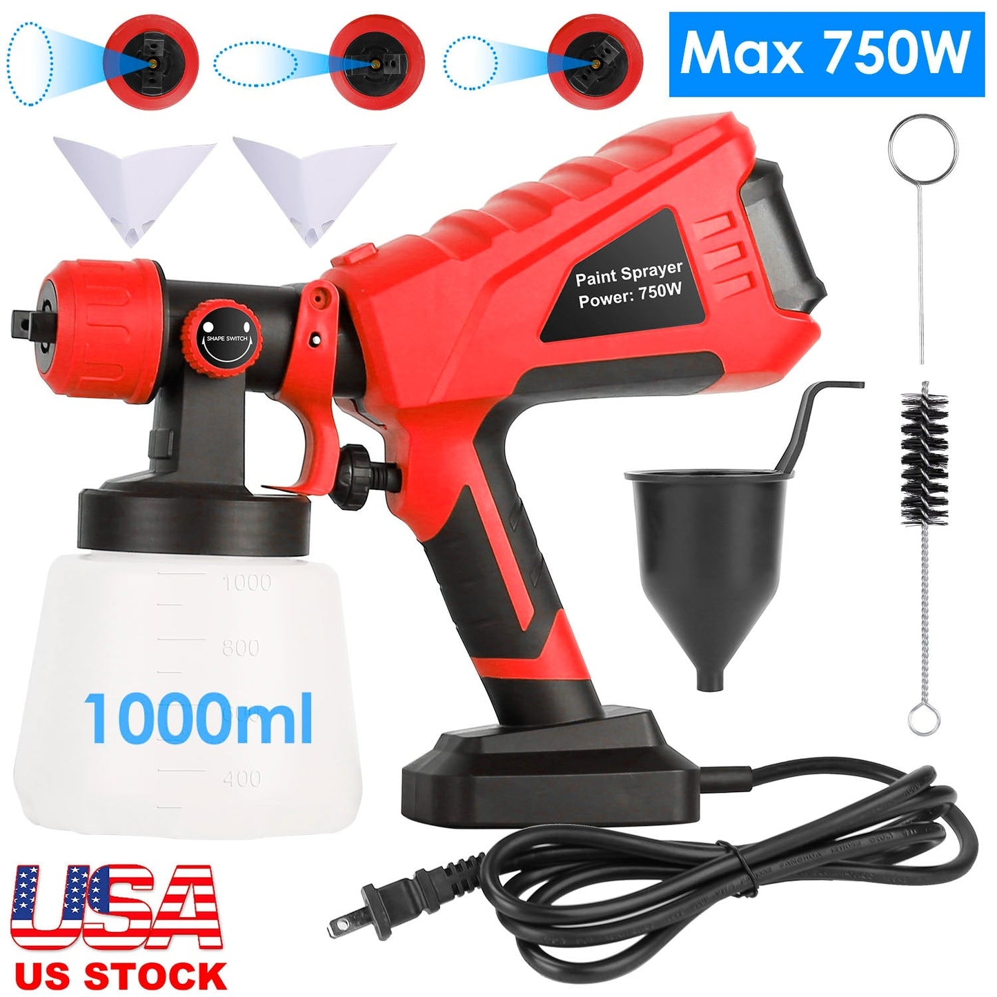 Pulverizador de pintura eléctrico HVLP de 750W con 3 patrones de pulverización