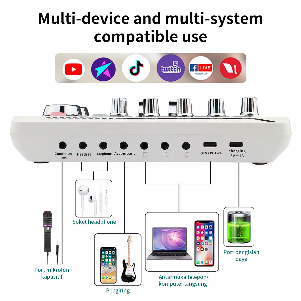 F998Pro live singing sound card white English version intelligent noise reduction integrated microphone - Korvel